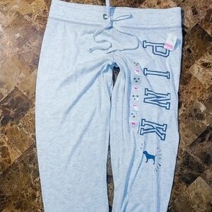 NWT Victorias Secret Pink crop Capri pants XS light gray Logo sweats raw cut